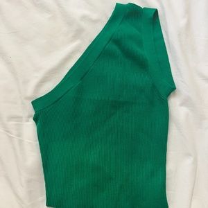 Emerald green ribbed backless one shoulder top